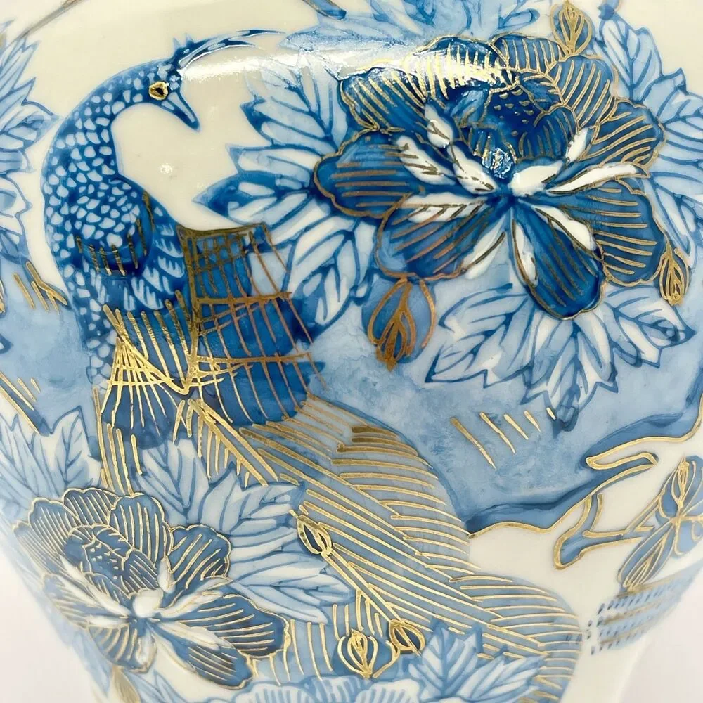 Vintage Heygill Imports Japan Peacock Ginger Jar Blue, wht & Gold Lidded-EXCL